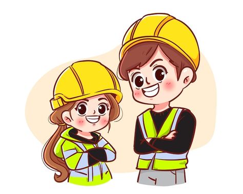 Safety man and safety woman concept main... | Premium Vector #Freepik #vector #occupational-safety #foreman #engineer-cartoon #safety-man Engineer Cartoon, Cartoon Art Illustration, Jw Pioneer, Cute Bunny Cartoon, Line Art Vector, Cat Icon, Mascot Design, Couple Drawings, Girls Cartoon Art