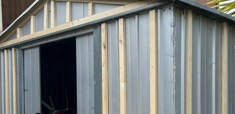 A SAVVY woman has shared how she managed to give her garden a makeover just by giving the outdoor shed a glow up.  Taking to social media, she shared several before and after photos of the metal shed, which appeared to be an eyesore.  She and her husband first started by getting timber and placing […] Brick Shed Makeover, Metal Sheds Ideas, Farmhouse Shed Ideas, Metal Shed Makeover Interior, Shed Upgrade, Metal She Shed, Shed Makeover Exterior Before After, Metal Sheds Ideas Backyard, Tin Shed Makeover