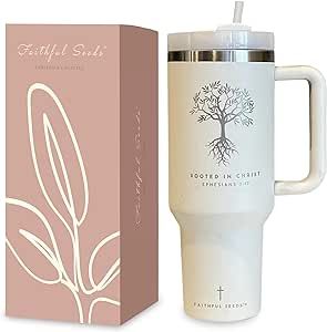 FAITHFUL SEEDS Christian Simple Modern 40 oz Tumbler with Handle and Straw - Inspirational Religious Gifts for Women - Stainless Steel Vacuum-Insulated Christian Tumbler (ROOTED IN CHRIST-WHITE) 40 Oz Tumbler Ideas, Tumblers For Women, Christian Tumbler Ideas, Christian Tumbler Ideas For Women, Christian Epoxy Tumbler, Christian Tumblers, Christian Sublimation Tumbler Designs, Rooted In Christ, Christian Coffee Mugs For Women