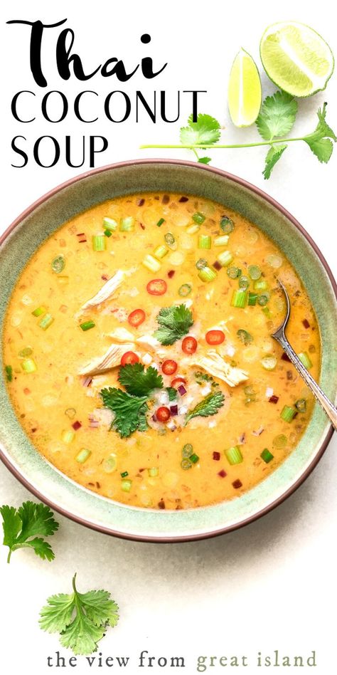 Thai Coconut Soup, or tom kha, is a classic Thai soup that'll wake you up, tingle your taste buds and make your nose run (in a good way.) Vietnamese Coconut Soup, Spicy Thai Soup, Coconut Soup Recipes, Thai Chicken Soup, Thai Coconut Soup, Tom Kha, Thai Soup, Chicken Easy, Coconut Soup