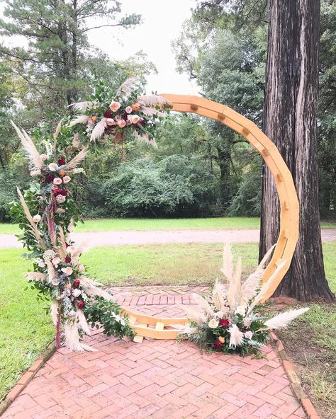 Slightly obsessed with pampas grass plumes this fall! And, how cool is this wood moon gate backdrop custom made by the brides uncle!? Circle Arch Wedding, Birch Wedding Arch, Bohemian Wedding Arch, Arch Wedding Ceremony, Beach Wedding Arch, Circle Arch, Wedding Arbors, Wedding Alters, Wedding Ceremony Arch