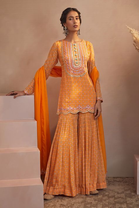 Luxury Chanderi Sharara With Printed Motifs, Luxury Unstitched Chanderi Sharara, Luxury Bandhani Print Sharara In Georgette, Cheap Unstitched Georgette Traditional Wear, Luxury Sharara With Embroidered Border And Straight Kurta, Luxury Cotton Silk Sharara With Mirror Work, Luxury Chanderi Sharara For Celebration, Cheap Unstitched Traditional Wear In Georgette, Cheap Traditional Wear With Zari Work In Georgette