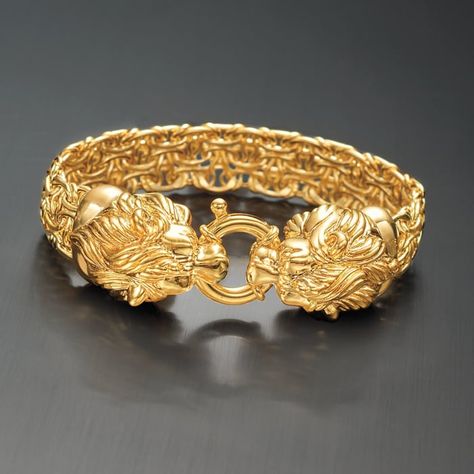 Italian 14kt Yellow Gold Double Lion Head Byzantine Bracelet | Ross-Simons Lion Head Jewelry, Ancient Lion, Gold Braces, Byzantine Bracelet, Lion Head Necklace, Byzantine Jewelry, Lion Bracelet, Black Gold Jewelry, Mens Fashion Watches