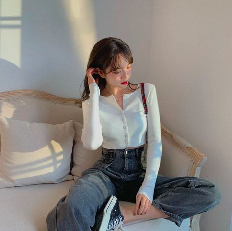 yesstyle korean fashion, white cardigan, high waist black jeans White Cropped Cardigan Outfit, Cardigan Outfit Korean, Cropped Cardigan Outfit, Cardigan Outfit, Outfit Korean, Sweaters Women, Korean Casual Outfits, Korean Girl Fashion, Cardigan Outfits