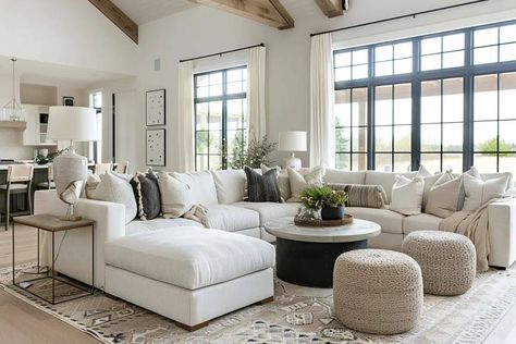 Light Gray Flooring Living Room, Grey Farmhouse Living Room, Neutral Family Room, Family Room Furniture Layout, Havenly Living Room, Cream Living Rooms, Recreation Room, New House Living Room, Family Room Furniture