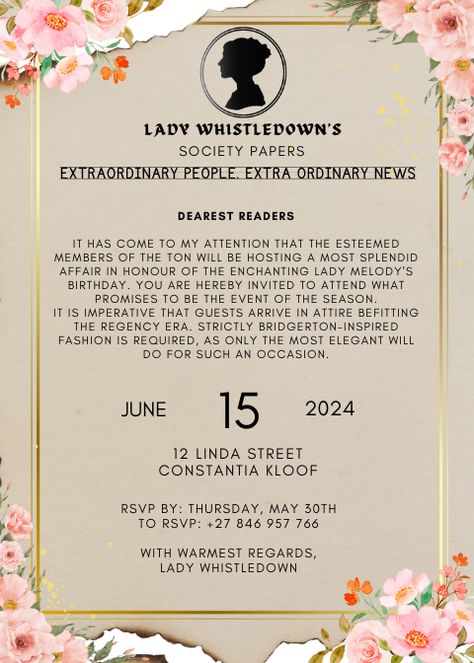 Bridgerton Invitation, Celtic Handfasting, Bridgerton Party, Lady Whistledown, Wedding Saving, 21st Birthday, Invitation Card, Afternoon Tea, Invitation Cards