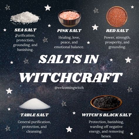 Each salt carries its own vibrational signature, so choose the one that best aligns with your magical intentions. Whether you’re crafting a protective barrier, performing a healing bath, or clearing negative energies, salts are a powerful and versatile tool in your witchcraft practice. . . . . . . . . . #witchlife #witchesofinstagram #witchcraft #pagan #witchy #witchtok #witchyvibes #witchesofig #witchythings #witchaesthetic Salt Types Witchcraft, Kitchen Witch Spells For Beginners, Sea Salt Spiritual Benefits, Basic Protection Spell, Salt Spells For Protection, Black Salt Magical Properties, Sea Salt Witchcraft, Salt Protection Spell Home, How To Make Black Salt Witchcraft