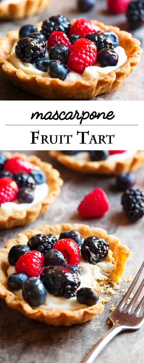 Mascarpone Fruit Tart - This fruit tart is filled a mixture of mascarpone cheese, cream cheese, and heavy cream all of which is whipped up and sweetened with maple syrup. It is then topped with mixed berries and brushed with a simple apricot jelly glaze. | justalittlebitofbacon.com Mascarpone Cream Cheese Filling, Apricot Jelly, Mascarpone Recipes, Bake Sweets, Fresh Fruit Tart, Fruit Tarts, Tart Filling, Fruit Toppings, Fruity Desserts