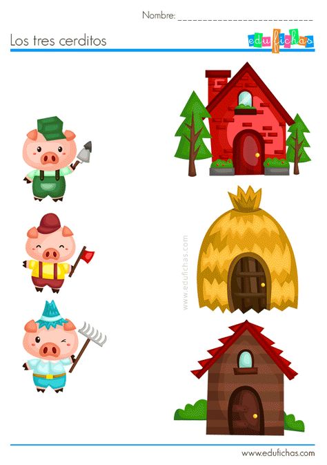 Relacionar con flechas a cada cerdito con su casita Nursery Rhymes Preschool Crafts, Three Little Pigs Story, Fairytale Nursery, Pig Party, Animal Crafts For Kids, Petite Section, Three Little Pigs, Mia 3, Little Pigs