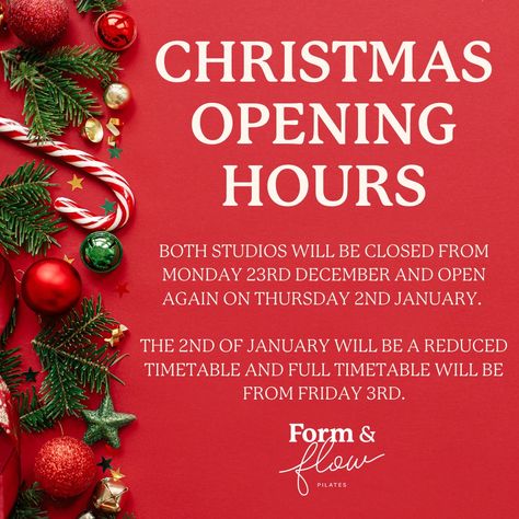 🎄Christmas opening hours 🎄 Our team are taking some well deserved time off to rest and catch up with family over the Christmas and New years period. Classes and Private lessons will not be running on the days listed below. Both studios will be closed Monday 23rd December and re-open on Thursday 2nd January. Thursday 2nd January will be a reduced timetable. Please visit our website or app for the schedule. We will be operating at full schedule from Friday 3rd. 🥳 P.s January is traditio... 23 December, Day List, Opening Hours, Christmas And New Year, The Christmas, Period, Running, Christmas, Instagram