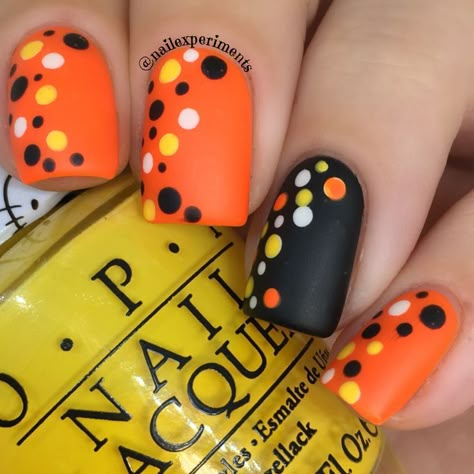 How cute are these Halloween polka dot candy corn nails?! This Halloween nail art look was super EASY… | Candy corn nails, Halloween nails easy, Halloween nails diy Nail Designs Candy Corn, Red Rum Nails Halloween, Candy Corn Manicure, 3 Color Dip Powder Nails, Halloween Polka Dot Nails, Halloween Nails Design Ideas, Candy Corn Halloween Nails, Candy Corn Nails Acrylic, Diy Fall Nail Designs