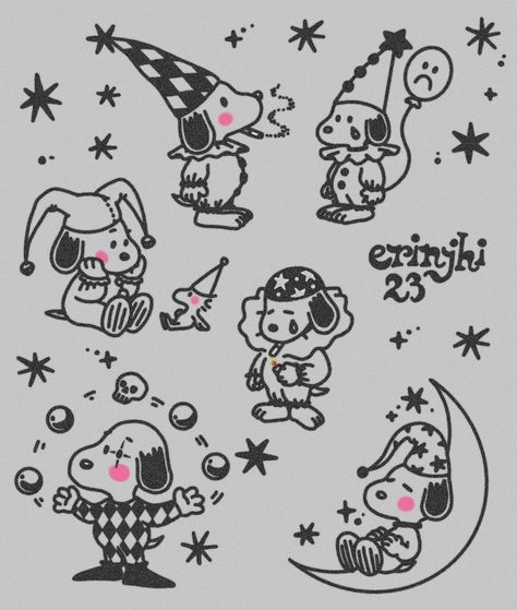 Kidcore Tattoo, Snoopy Tattoo Ideas, Kewpie Tattoo, Snoopy Tattoo, Funky Tattoos, Clown Tattoo, Doodle Tattoo, Hand Poked Tattoo, Cute Tiny Tattoos