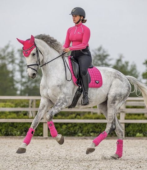 Pink Equestrian Outfit, Lemieux Matchy Sets, Lemuix Sets, Horse Tack Colors, Outfit Equitation, Cute Riding Outfits, Horse Tack English, English Tack Sets, Horse Riding Outfit Women