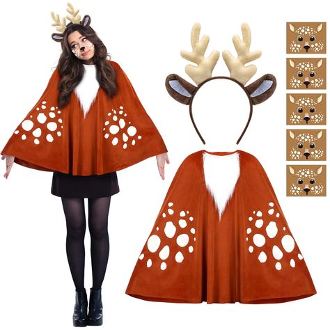 PRICES MAY VARY. Halloween Deer Costume Set: you will receive 1 piece of antler headpiece with ears, 5 sheets of face tattoos and 1 deer poncho costume, lively and cute costume accessories to suit your cosplay needs Quality Material Selection: the deer poncho is made from soft fabric that is stretchy, our fawn cape ensures maximum comfort, and the comfortable fabric also ensures that your costume can withstand hours of Halloween fun without losing its shape or appeal Notable Size Details: the de