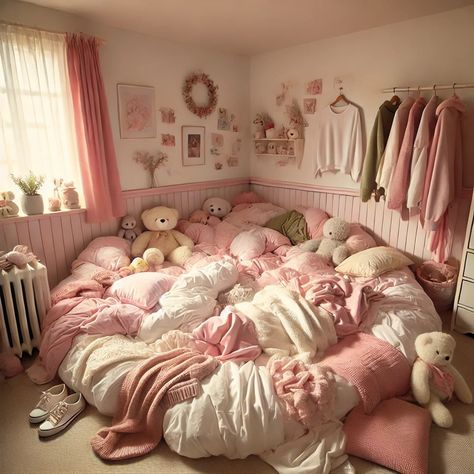 Cozy Aesthetic Pink, Pink Goblincore, Cozy Bedroom Night, Clutter Core, Dream Bedroom Inspiration, Cozy Aesthetic, Pink Room, Pink Beads, Pretty Stuff