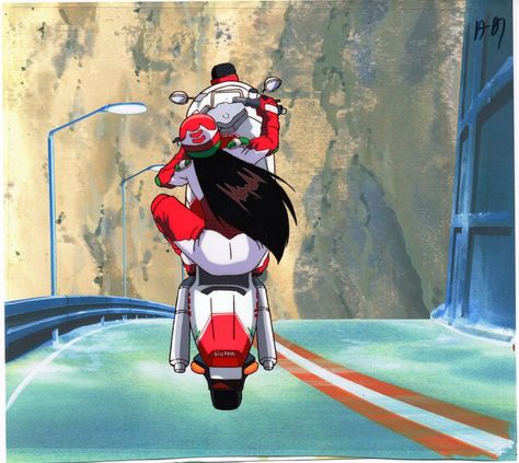 Tatsuya Egawa's Golden Boy Anime Cel REIKO (Biker Babe) Wheel Stand On "BIMOTA" | #1824190861 Anime Motorcycle Aesthetic, Reiko Terayama, Golden Boy Anime, Anime Bike, Anime Motorcycle, Best Animation, Motorcycle Drawing, Biker Babe, On Motorcycle