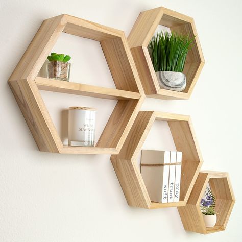 Octagon Shelves, Hexagon Wall Shelves, Wall Shelves Ideas, Hexagon Floating Shelves, Hexagon Wall Shelf, Honeycomb Decor, Hexagon Shelf, Hexagon Wall, Honeycomb Shelves