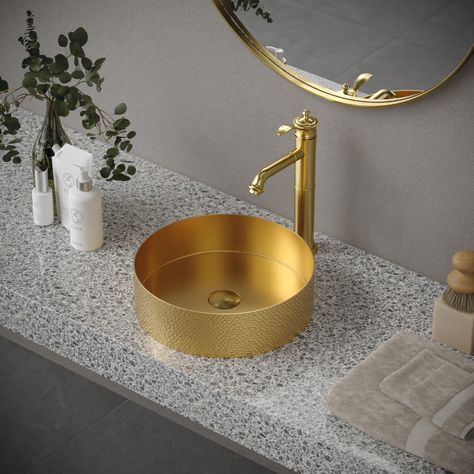 The Karran CCV100G is a striking addition to the Cinox Collection, presenting a vessel sink that combines functional artistry with luxurious design. Finished in a resplendent Gold, this round sink instantly elevates the aesthetic of any bathroom. Crafted from high-quality stainless steel, it promises both durability and a shimmering, opulent appearance. Designed for vessel mount installation, it sits gracefully atop the counter, offering an eye-catching focal point that reflects Karran's comm... Gold Sink Bathroom, Stainless Steel Bathroom Sink, Ada Bathroom, Round Sink, Vessel Faucets, Pedestal Sinks, Brushed Copper, Steel Bathroom, Bathroom Solutions