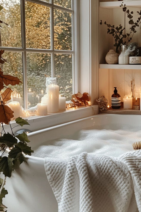 A cozy bathtub filled with bubbles, surrounded by candles and pumpkins, creating the perfect fall self-care atmosphere. Cozy Self Care, Calming Rituals, Cozy Bath, Cozy Lifestyle, Bath Surround, Fall Cottage, Hygge Living, Cozy Morning, Hen Weekend