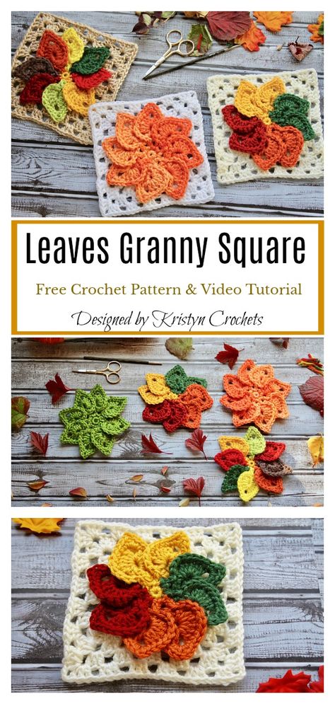 Granny Square Häkelanleitung, Sunburst Granny Square, Easy Crochet Projects, Crochet Leaves, Crochet Granny Square, Crochet Square Patterns, Granny Squares Pattern, Granny Square Crochet Pattern, Square Patterns