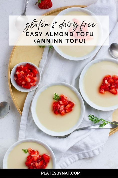 Top view of almond tofu bowls with strawberry topping. Almond Pudding Chinese, Tofu Pudding Recipe, Japanese Pudding, Almond Tofu, Tofu Pudding, Almond Desserts, Gluten Free Dairy Free Dessert, Dairy Free Recipes Dessert, Cold Desserts