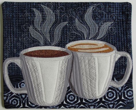 Good Morning art quilt, Tea or Coffee?  quilt challenge by Terry Aske Art Quilts Mini Wall Hanging, Quilt Studio, Fabric Postcards, Table Quilts, Mini Wall, Quilting Studio, Art Quilt, Mini Quilts, Mini Quilt