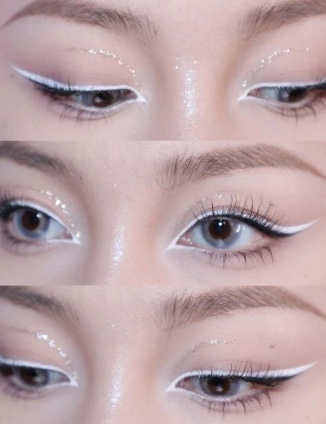 douyin makeup style asian fox eye kawaii baddie makeup tutorial eyelash eyeliner eyeshadow cut crease cute fierce asian baddie white eyeliner blue eyes White Eyeliner Ideas, Fairytale Makeup, White Eyeliner Looks, White Eye Makeup, White Eyeliner Makeup, Douyin Makeup, Cute Eye Makeup, Korean Eye Makeup, White Makeup