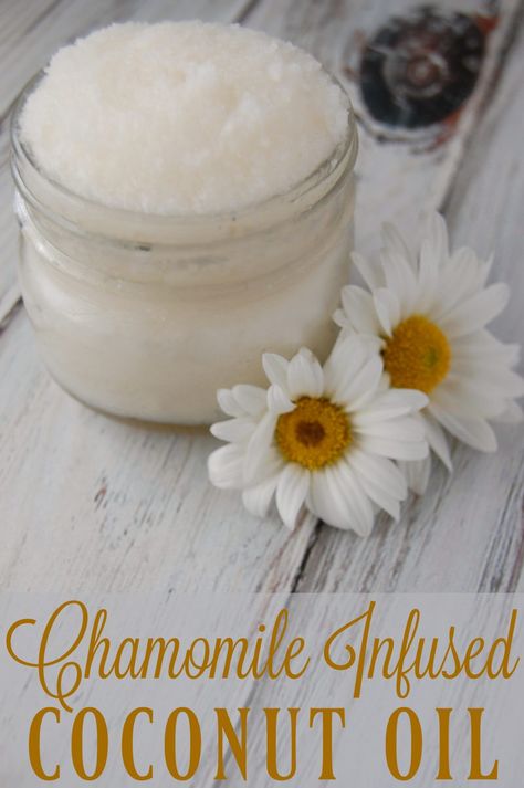 Chamomile Infused Coconut Oil - Super simple and you can even use tea bags! Great for soothing dry skin. Infused Coconut Oil, Coconut Oil Sugar Scrub, Diy Sugar Scrub, Coconut Oil Lotion, Diy Coconut Oil, Coconut Oil For Acne, Homemade Moisturizer, Coconut Oil Skin Care, Coconut Oil Recipes