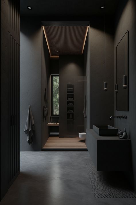 Black And Concrete Interior, Black And Wood Aesthetic Home, Black And Wood Modern House, Dark Modern Entryway, Matte Black Home Decor, Dark Modern House Interiors, Dark Themed House, Black Modern Interior, Dark Minimalist Aesthetic