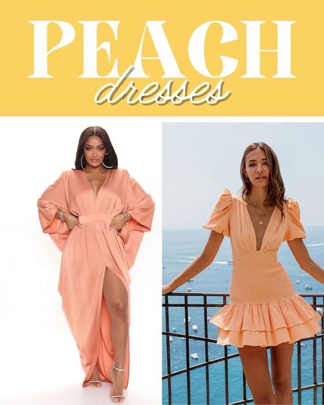 41 Peach Outfits and Dress Ideas - ljanestyle.com Peach Dresses For Wedding Guest, Apricot Dress Outfit, Peach Pink Dress, Apricot Outfit Ideas, Peach Wedding Guest Dress, Peach Colored Outfits, Peach Color Dress Outfit, Peach Outfits For Women, Peach Dress Outfit Wedding Guest