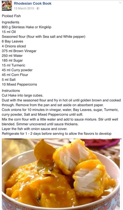 Pickled fish South African Pickled Fish Recipe, Pickled Fish Recipe, Bbq Wings Recipe, Pickled Fish, Easy Bakes, Baked Bbq Ribs, Curry Fish, Meat Pie Recipe, Recipes Fish