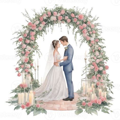 Arch With Flowers, Wedding Artwork, Caricature Wedding, Wedding Drawing, Wedding Card Frames, Digital Invitations Wedding, Invitation Background, Couple Illustration, Wedding Prep