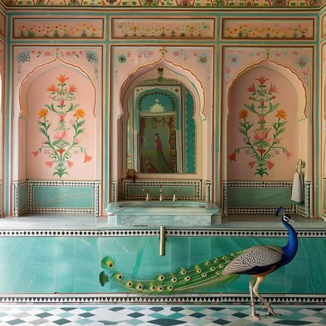 Indian Minimalist Interior, Hyderabadi Aesthetic, Peacock Interior Design, Lounge Backdrop, Jaipur Architecture, India Interior Design, Greek Interior Design, Moroccan Style Home, Ganesh Chaturthi Decoration