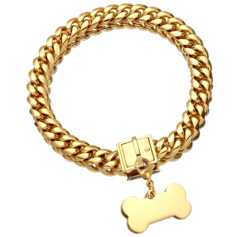 Jewelry Kingdom 1 Gold Dog Chain Collar with Dog ID Tag 18K Metal Stainles Steel Cuban Link Chain Strong Heavy Duty Chew Proo Dog Chain Collar, Cute Dog Tags, Dog Chain, Pet Paradise, Chain Collar, Two Fingers, Martingale Collar, Dog Jewelry, Dog Id