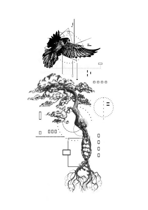 Fine Line Full Back Tattoo, Patchwork Tattoo Nature, Compass Tree Tattoo, Science Tattoos Biology, Jungle Tattoo Design, Tattoo Ideas Realistic, Drawings Tattoo Ideas, Art Drawings Tattoo, Eagles Tattoo