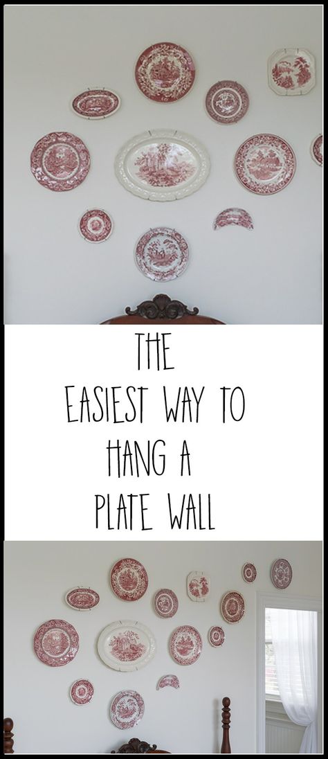 Instructions and images showing the easiest way to hang a plate collection on a wall. Perfect addition to your home decor. Hanging A Plate On The Wall, Plate Displays On Walls, Transferware Plates On Wall, Hanging China On The Wall, China On Wall Hanging Plates, Plates On Walls Ideas, Using Plates As Wall Decor, How To Hang A Plate On The Wall, Vintage Plates On Wall Dining Room