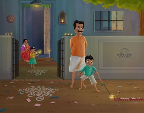 Diwali Childhood Memories, Memory Drawing Diwali Festival, Diwali Cartoon Images, Diwali Memory Drawing, Diwali Festival Drawing, Diwali Illustration, Diwali Animation, Village Scene Drawing, Diwali Painting