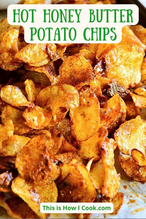 This Korean honey butter chips recipe has me addicted. My potato chips recipe has an extra kick with spicy honey, butter and Nashville seasoning! #HoneyButterPotatoChips #HoneyButterPotatoChipsRecipe #KoreanSnacks #KoreanSnacksRecipe #KoreanHoneyButterChips Kettle Chips Homemade, Recipes With Potato Chips, Honey Butter Chips, Spicy Honey Butter, Homemade Chips Recipe, Hot Honey Butter, Gameday Appetizers, Chip Seasoning, Potato Chips Recipe