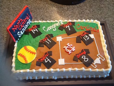 Senior Night Cake Ideas, Baseball Field Cake, Softball Cake, Softball Banquet, Senior Scrapbook Ideas, Softball Party, Team Snacks, Senior Softball, Birthday Cake Writing