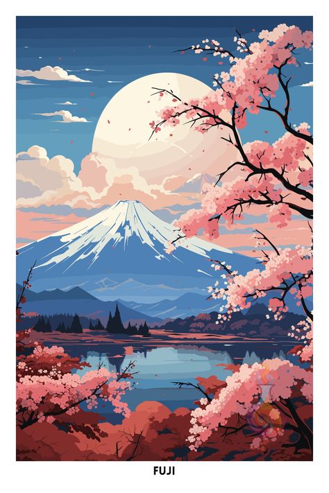 Art Jamming Ideas, Digital Art Scenery, Japan Landscape Art, Japan Digital Art, Fuji Illustration, Mount Fuji Painting Watercolor, Mount Fuji Drawing Japanese Art, Deep Painting, Mount Fuji Painting