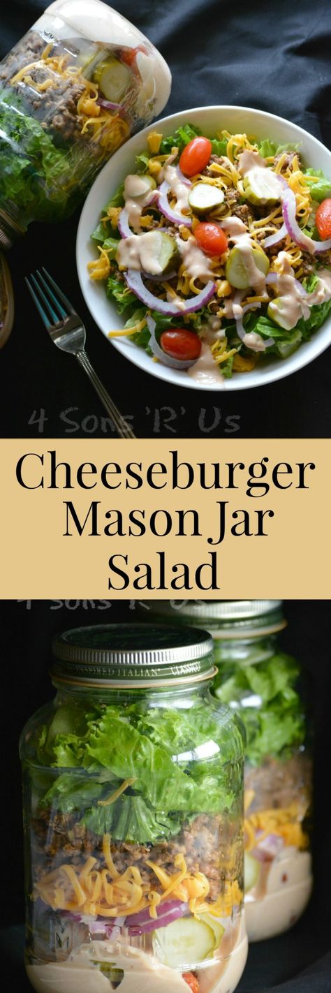 cheeseburger-mason-jar-salad-pin Lunch Jars, Grab And Go Lunch, Gentle Nutrition, Mason Jar Lunch, 2023 Food, Jar Meals, Jar Salads, Jar Salad, Lunch Options