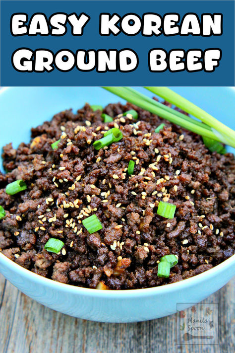 Sweet, salty, with a little spicy kick, if you like, this quick and easy Korean Ground Beef over Rice will please your taste buds! Done in 20 minutes or less. Can be made Paleo-friendly. | manilaspoon.com Beef Over Rice, Korean Ground Beef, Lower Carb Meals, Korean Beef Bowl, Man Recipes, Beef Bowls, Ground Beef Dishes, Spicy Korean, Korean Recipes