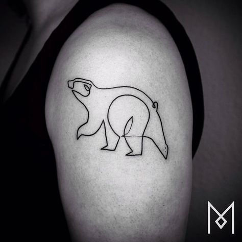 Minimalist Single Line Tattoos By Iranian-German Artist (59 Pics) California Bear Tattoos, Mo Ganji, Simple Images, Bear Tattoo Designs, One Line Tattoo, Single Line Tattoo, Ribbon Tattoos, Bear Tattoos, Bear Tattoo