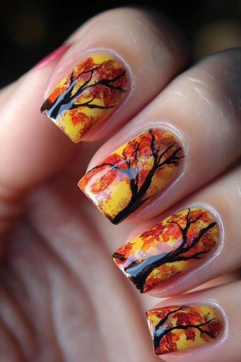 Fall Nail Design: Autumn Leaves and Trees Tree Nail Art Designs, Trees Nail Art, Nail Design Autumn, Fall Table Decor Ideas, Diy Fall Decor Ideas, Tree Nail Art, Diy Fall Decor, Neutral Fall Decor, Table Decor Ideas