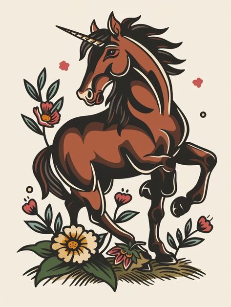 Midjourney AI Image: A Horse in rough, hand-drawn, sailor jerry traditional americana tattoo art style from the side, ful... → more in ai-img-gen.com Trad Animal Tattoo, Neo Traditional Horse Tattoo, Traditional Unicorn Tattoo, Horse Tattoo Traditional, Traditional Horse Tattoo, Trad Unicorn Tattoo, Horse Tattoos, Traditional Tattoo Horse, Colorful Horse Art