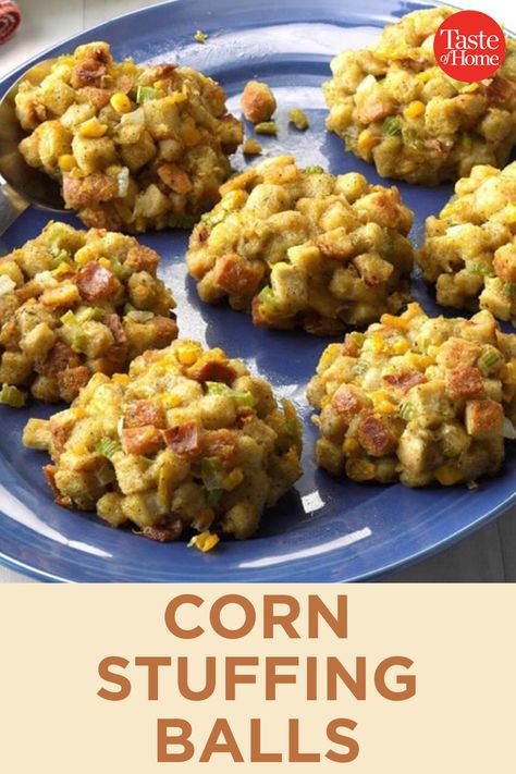 Cornbread Stuffing Balls Recipe, Cornbread Stuffing Balls, Corn Stuffing, Friendsgiving 2023, Xmas Foods, Corn Balls, Thanksgiving Corn Bread, Stuffing Balls Recipe, 2024 Holidays