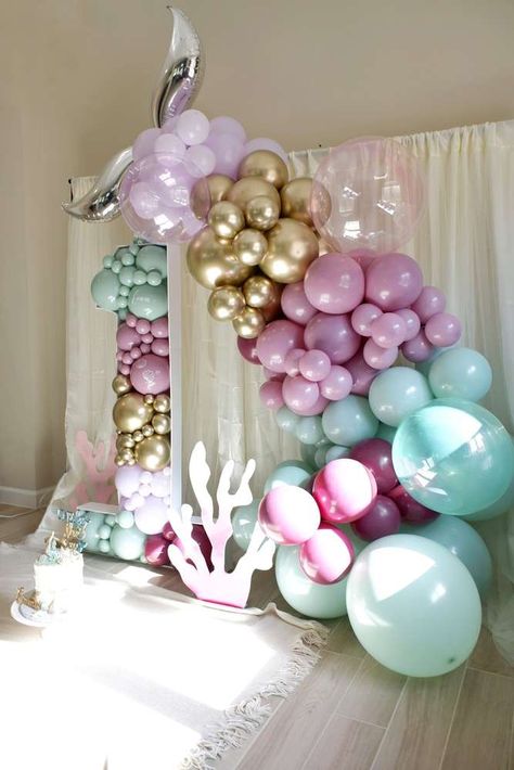 Oneder The Sea Balloon Arch, Under The Sea Im Turning 3, First Shellabration, Two The Sea Birthday Party Girl, Under The Sea 1st Birthday Girl, Oneder The Sea 1st Birthday, Mickey Mouse Themed Birthday Party, Girls Birthday Party Themes, Girl Birthday Decorations