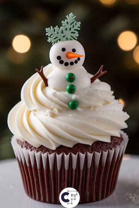 Snowman Cupcake with White Frosting Fluffy White Frosting, Snowman Cupcakes, Winter Treats, Festive Desserts, White Frosting, White Plate, Christmas Cupcakes, Winter Magic, Party Drinks