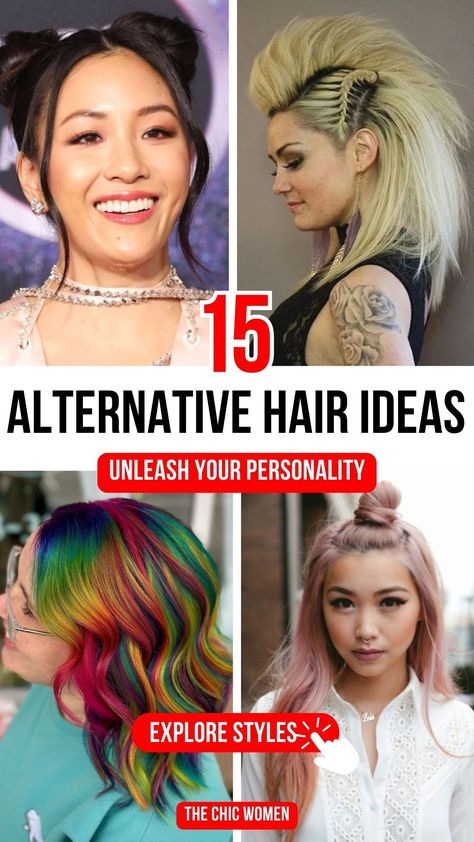 Best Hairstyles for Women Who Love Alternative Looks Punk Rock Updo Hairstyles, Edgy Updos For Long Hair, Womens Punk Hair, Crazy Hair Styles For Women Fun, Long Alternative Hair Styles, Rock And Roll Hairstyles For Women, Easy Rave Hairstyles, Rock And Roll Hairstyles, Edgy Updo