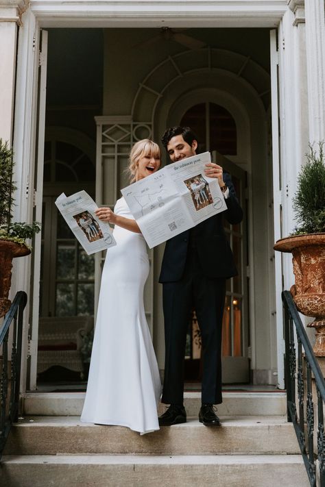 Bride And Groom Newspaper, Wedding Journalism Photography, Newspaper Save The Date Photoshoot, Wedding Newspaper Photoshoot, Save The Date Newspaper Photoshoot, Newspaper Engagement Photos, Photo Journalistic Wedding Photography, Wedding Newspaper Ideas, Newspaper Wedding Announcement